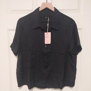 NWT-Quince Washable Stretch Silk Black Short Sleeve Button Up Blouse! Sz. L (H9)